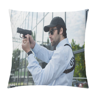 Personality  Young Guard In Cap And Sunglasses Holding Gun Outdoors Pillow Covers