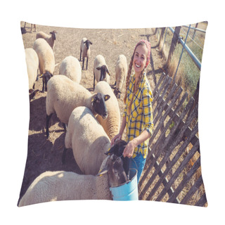 Personality  Famer Woman With Her Flock Of Sheep Pillow Covers
