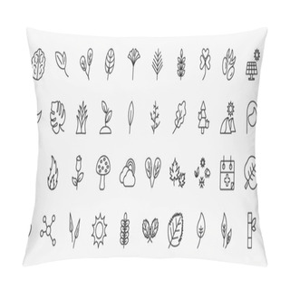 Personality Set Of 40 Nature Icons In Outline Style. Thin Line Icons Such As Human Brian, Obovate, Trifoliate Ternate, Solar, Yucca, Cypress Leaf, Pine Tree On Fire, Roses, Season, Subulate, Apricot Leaf Leaf, Pillow Covers