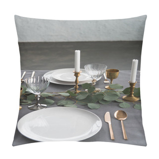 Personality  Close Up View Of Rustic Table Setting With Eucalyptus, Old Fashioned Tarnished Cutlery, Candles In Candle Holders And Empty Plates Pillow Covers