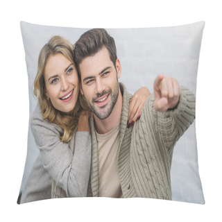 Personality  Smiling Boyfriend Pointing On Something To Girlfriend On Sofa In Living Room Pillow Covers