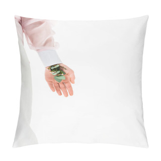 Personality  Cropped View Of Woman Standing With Eucalyptus Leaves And Flowers In Hand On White  Pillow Covers