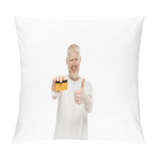 Personality  Cheerful Albino Man In T-shirt Holding Credit Card And Showing Thumb Up Isolated On White  Pillow Covers