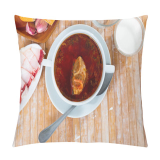 Personality  Portion Of National Ukrainian Dish Borscht Served In Bowl On Table With Sliced Salo. Pillow Covers