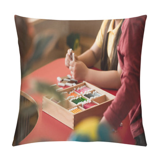 Personality  Cropped View Of Children Playing Educational Game In Montessori School On Blurred Foreground Pillow Covers