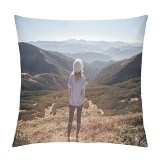 Personality  Back View Of Female Traveler Looking At Beautiful Mountains On Sunny Day, Carpathians, Ukraine Pillow Covers