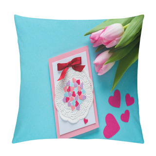 Personality  Top View Of Greeting Card With Tulips And Paper Hearts On Blue Surface Pillow Covers