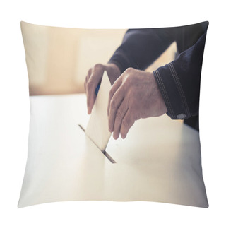 Personality  Color Image Of A Person Casting A Ballot At A Polling Station, During Elections. Pillow Covers