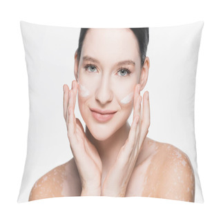 Personality  Smiling Young Beautiful Woman With Vitiligo And Facial Cream On Cheeks Isolated On White Pillow Covers