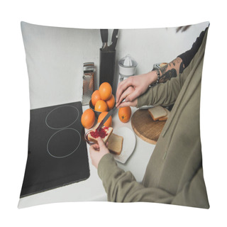 Personality  Cropped View Of Couple Preparing Toasts With Jam During Breakfast In Kitchen Pillow Covers