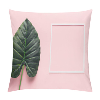 Personality  Top View Of Green Palm Leaf And White Frame On Pink, Minimalistic Concept  Pillow Covers