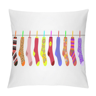Personality  Vector Colorful Socks On Gray Background Are Hanging On Rope Pillow Covers