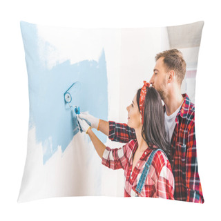 Personality  Cheerful Man And Woman Painting Wall In Blue Color At Home Pillow Covers