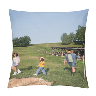 Personality  Happy Family In Straw Hats Walking On Farmland Near Grazing Cattle Pillow Covers