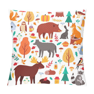 Personality  Cartoon Autumn Animals. Cute Woodland Birds And Animals, Moose Duck Wolf And Squirrel, Wild Woods Fauna Isolated Vector Illustration Icons Set Pillow Covers