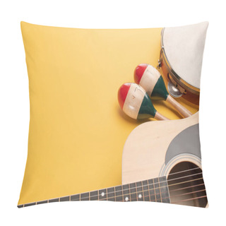 Personality  Wooden Colorful Maracas With Tambourine And Acoustic Guitar On Yellow Background Pillow Covers