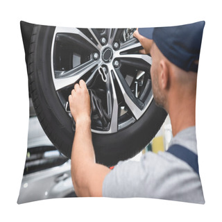 Personality  Selective Focus Of Technician Touching Wheel Disk While Fixing Car Pillow Covers