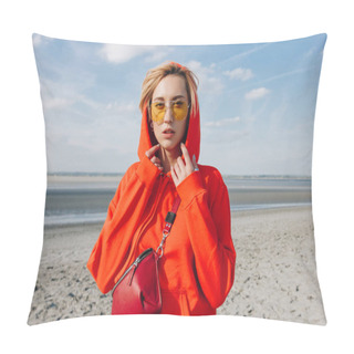 Personality  Beautiful Girl In Red Hoodie Standing On Beach, Saint Michaels Mount, France Pillow Covers