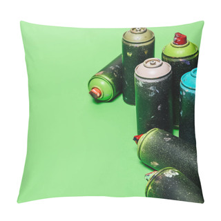 Personality  Close Up View Of Arranged Cans With Aerosol Paint Isolated On Green Pillow Covers