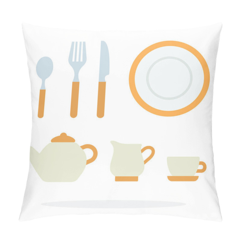Personality  Dinnerware with orange piping and tea service vector flat isolated pillow covers
