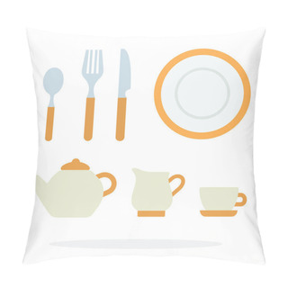 Personality Dinnerware With Orange Piping And Tea Service Vector Flat Isolated Pillow Covers