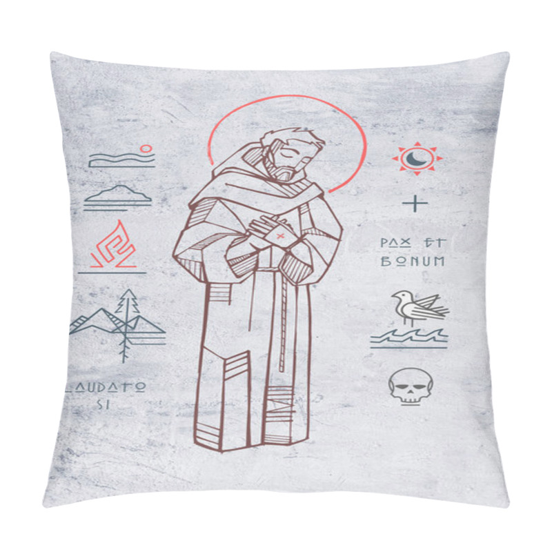 Personality  Hand Drawn Illustration Or Drawing Of JSaint Francis Of Asis And Christian Symbols With Phrases In Latin That Means: Praise You, Peace And Good Pillow Covers