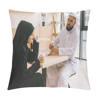 Personality  Muslim Couple Having Argument In Cafe Pillow Covers