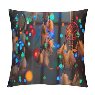 Personality  Lovely Mystical Dream Catchers Silhuettes On Vibrant Blue And Green Bokeh Background  Pillow Covers