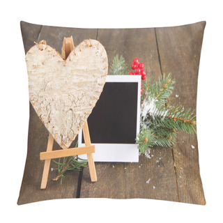 Personality  Decorative Heart On Easel And Empty Photo Paper, On Wooden Background Pillow Covers