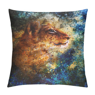 Personality  Little Lion Cub Head. Animal Painting, Blue Color Abstract Background With Spots And Crackle. Pillow Covers