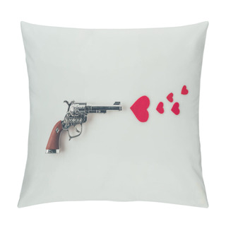 Personality  Top View Of Gun Aiming At Paper Hearts Isolated On White, Valentines Day Concept Pillow Covers