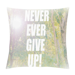 Personality  Never Ever Give Up Motivational Quote On Sunny Forest Background. Green Optimistic Inspirational Typography Quote Pillow Covers