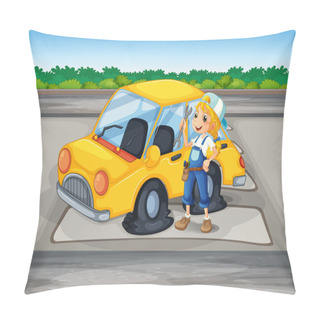 Personality  A Girl Holding A Tool Beside A Car With A Flat Wheel Pillow Covers