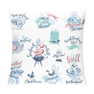 Personality  Set Of Hand Drawn Watercolor Signs And Stickers Of Seafood Pillow Covers