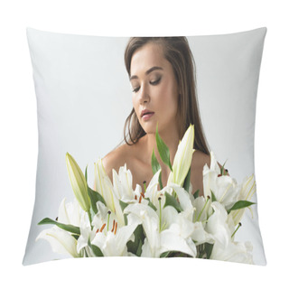 Personality  Tender Naked Young Woman Looking Away Near White Lilies  Pillow Covers