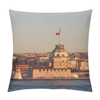 Personality  Postcard From Turkey With Love Concept. A View To The Maiden's Tower Over Istanbul From Marmara Sea. Evening Time, Sunny Day. Text Space. Outdoor Shot Pillow Covers