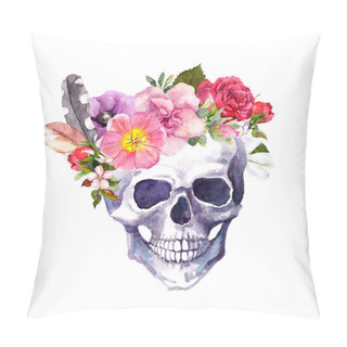 Personality  Human Skull With Flowers And Feathers, Boho Style. Watercolor Pillow Covers