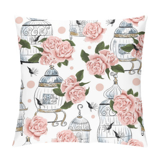 Personality  Hand Drawn Digital Pastel Color Cute Cartoon Pencil Illustration Bird, Cage, Tea Roses And Polka Dots On The White Background For Textile, Cloth, Linen, Wallpaper Texture Or Home Decoration Pillow Covers