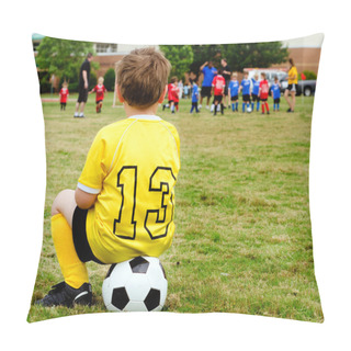 Personality  Young Boy Child In Uniform Watching Organized Youth Soccer Or Football Game From Sidelines Pillow Covers