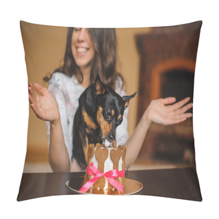 Personality  Woman And Toy Terrier With Dog Cake Infront On Birthday Party  Pillow Covers
