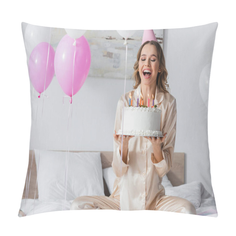 Personality  Happy Woman In Party Cap Holding Birthday Cake Near Balloons And Champagne In Bedroom  Pillow Covers