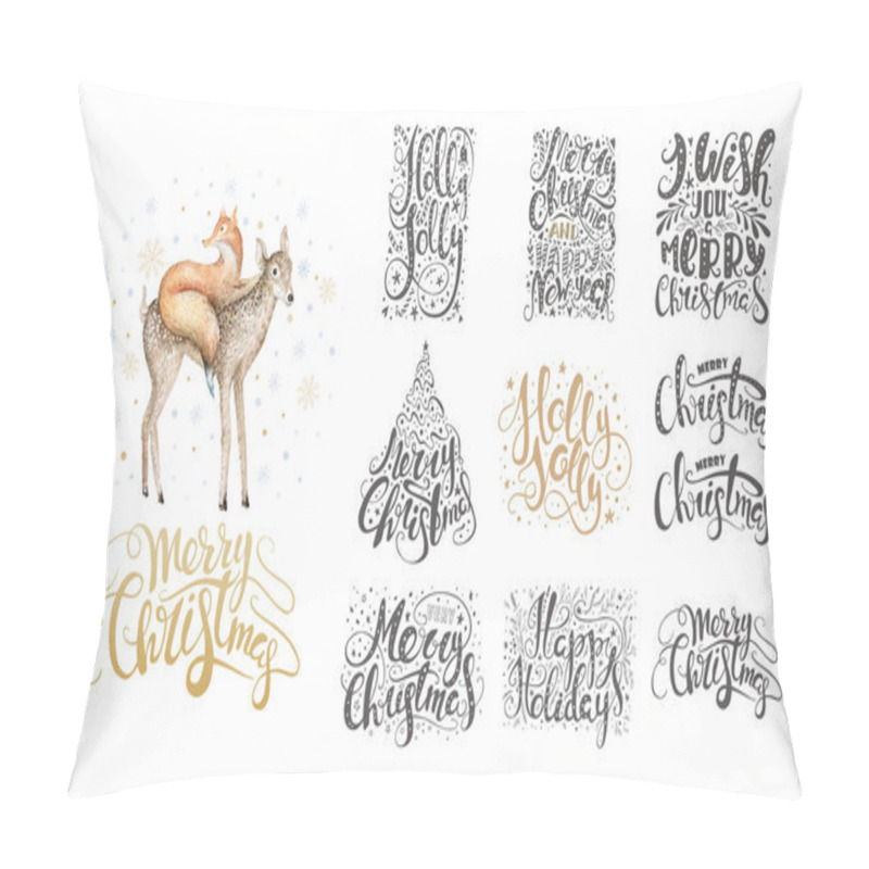 Personality  Merry christmas lettering over with snowflakes and foxes. Hand d pillow covers