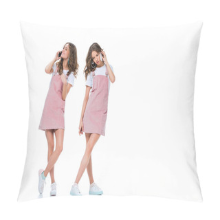 Personality  Happy And Angry Twins Talking By Smartphones Isolated On White Pillow Covers