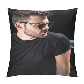 Personality  Side View Of Stylish Man In Sunglasses In Front Of Car With Opened Bonnet  Pillow Covers