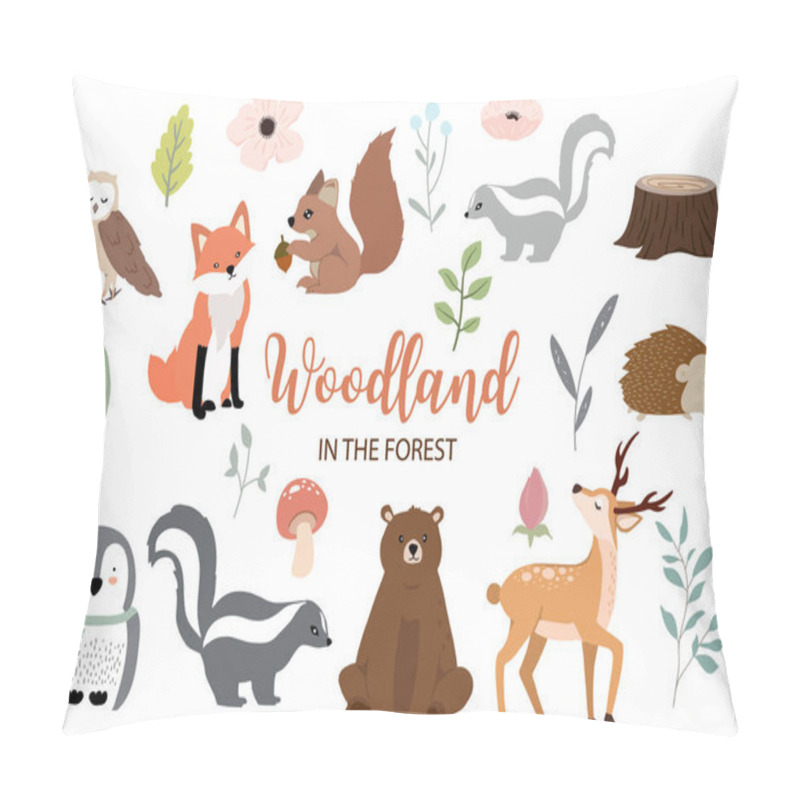 Personality  Cute woodland object collection with bear,owl,fox,skunk,mushroom pillow covers