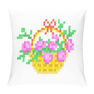 Personality  Pink Roses In A Basket, Pixel Art Isolated On White Background. Garden Flower Bouquet. Romantic Floral Composition With Pink Leafy Peonies. Valentine's Day Gift. Wedding Decoration. Birthday Present. Pillow Covers