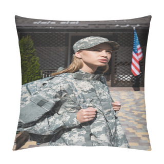 Personality  Adult Military Woman With Backpack Looking Away, Standing Near House With American Flag Pillow Covers