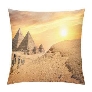Personality  Camel Caravan And The Pyramids Of Giza In Egypt Pillow Covers
