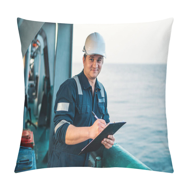 Personality  Deck Officer On Deck Of Offshore Vessel Or Ship , Wearing PPE Personal Protective Equipment. He Fills Checklist. Paperwork At Sea Pillow Covers