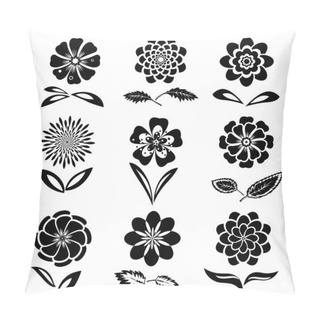Personality  Dahlia, Aster, Daisy, Chamomile, Gowan, Anemone, Orchid Flower Set. Spring And Summer Flowers. Floral Black Symbols With Leaves. May Be Used In Cuisine. Vector Isolated. Pillow Covers
